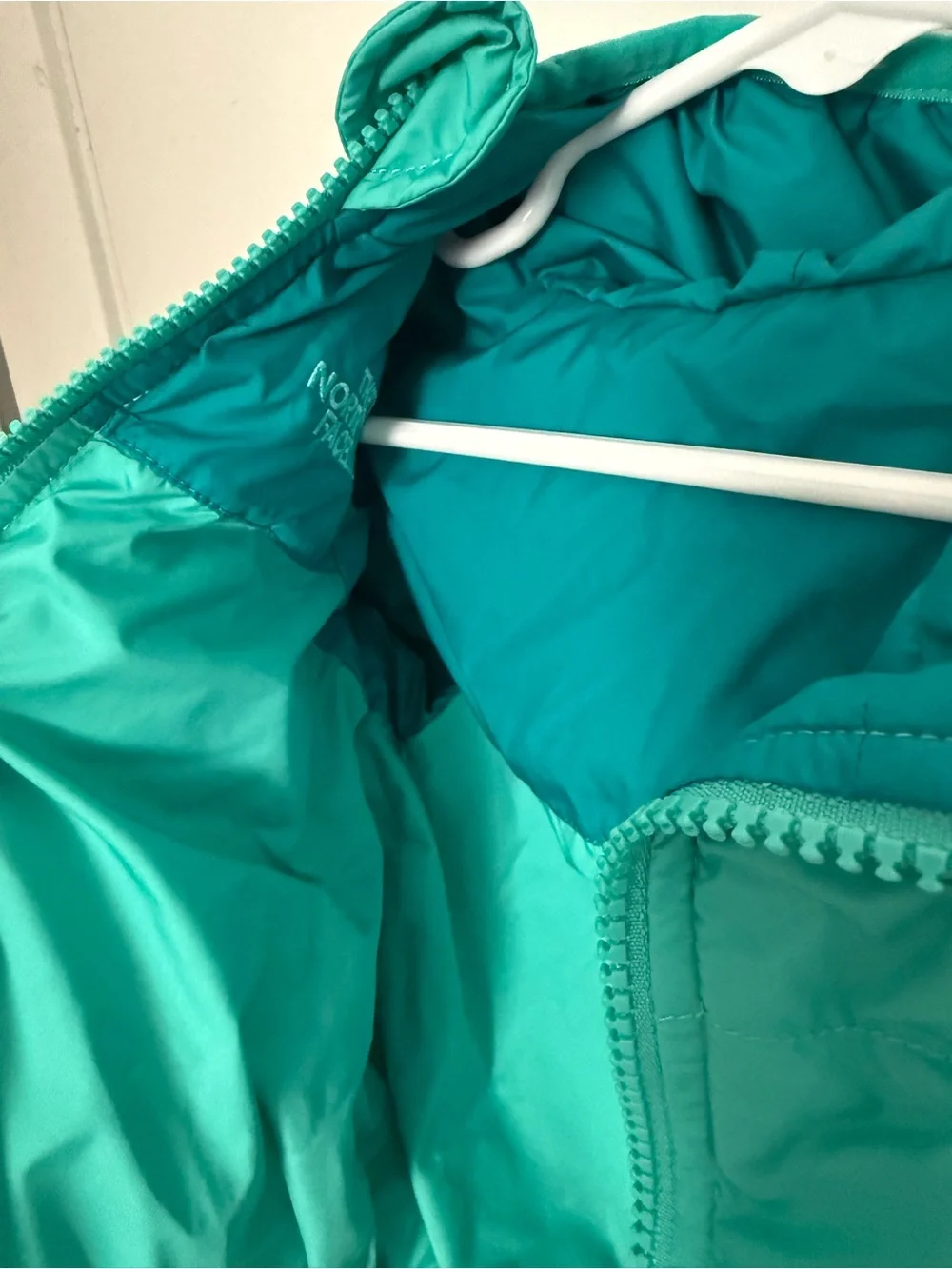 The North Face Teal/Turquoise Kids Puffer reversible hooded and mittens
